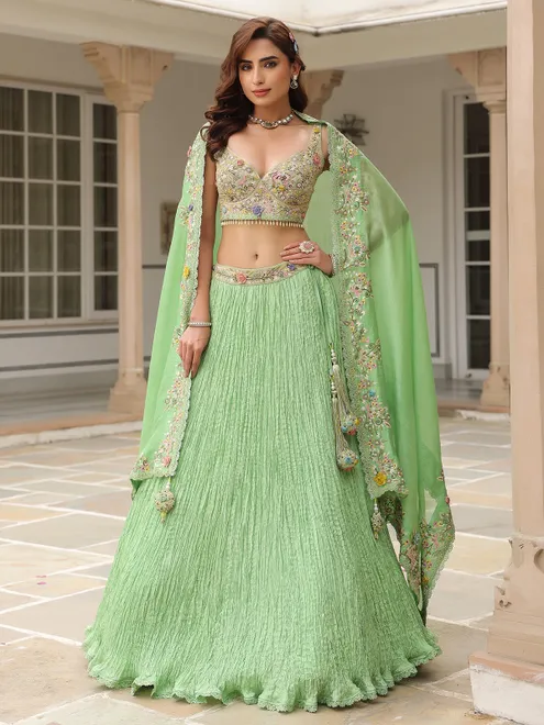 Light green silk and organza lahenga choli for women