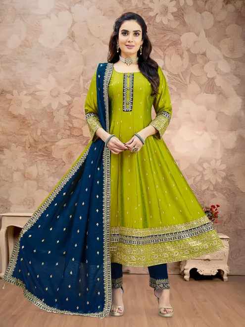 Light green silk festive wear salwar suit with dupatta