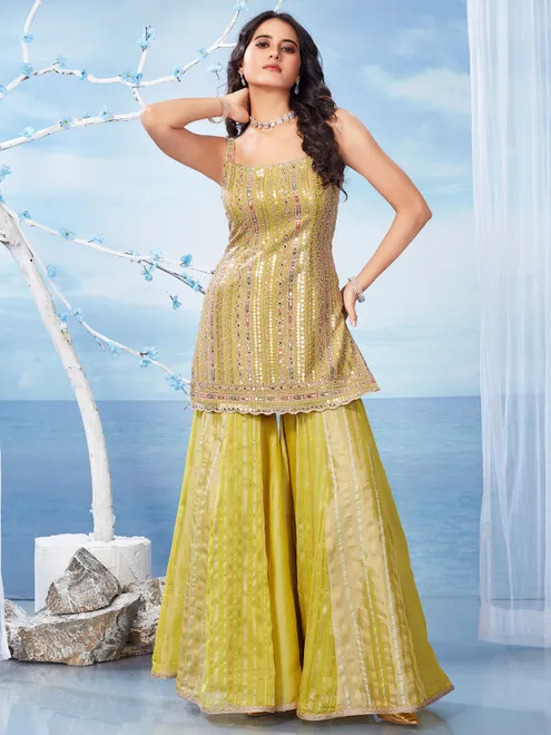 Light green silk palazzo sharara salwar suit