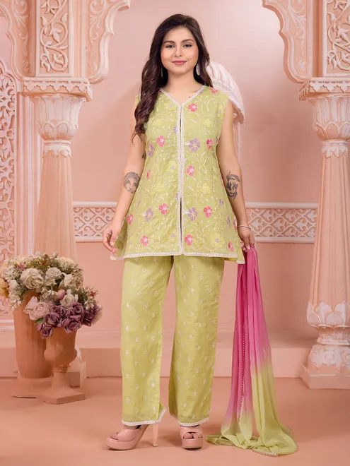 Light green silk sleeveless salwar suit with dupatta