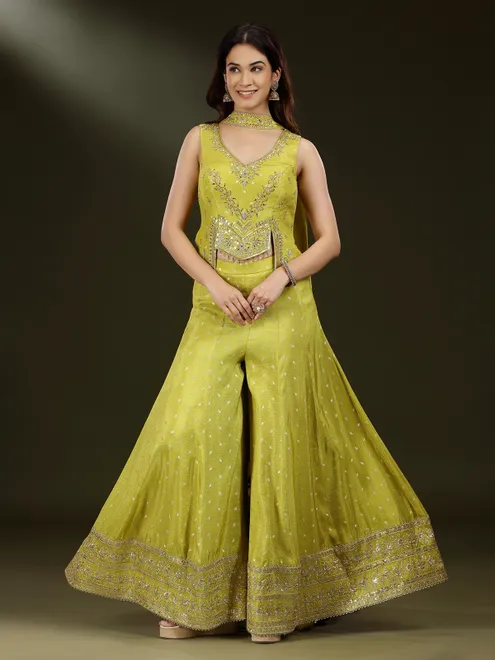 Light green silk zari work palazzo suit