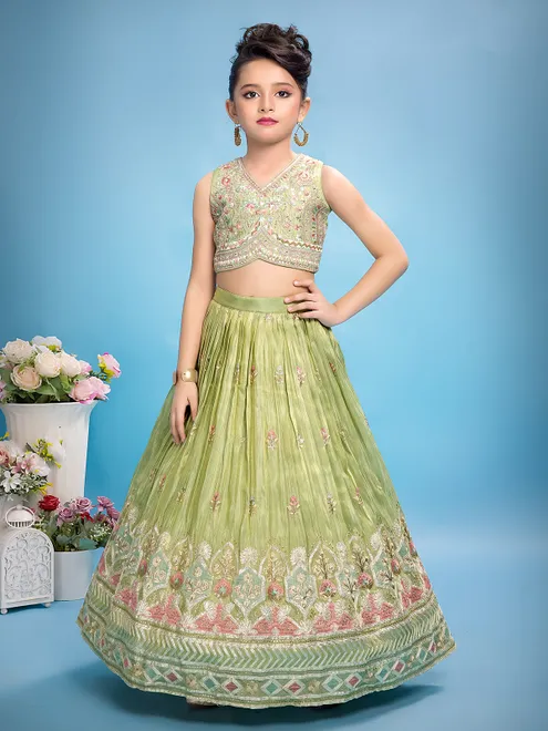 Light green wedding wear silk lehenga choli with embroidery