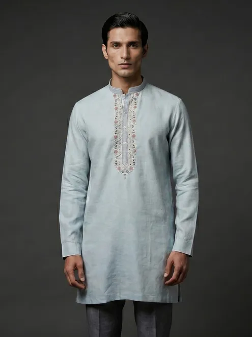 Light grey cotton linen kurta with embroidered yoke