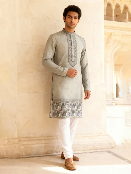 Light grey cotton silk daman printed kurta suit