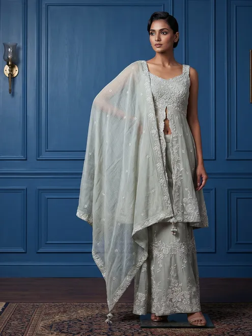 Light grey crush tissue palazzo suit with dupatta