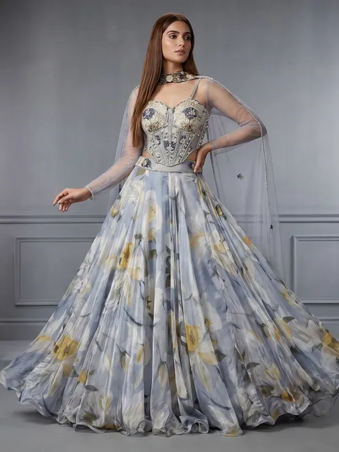 Light grey designer lehenga choli with subtle embellishments