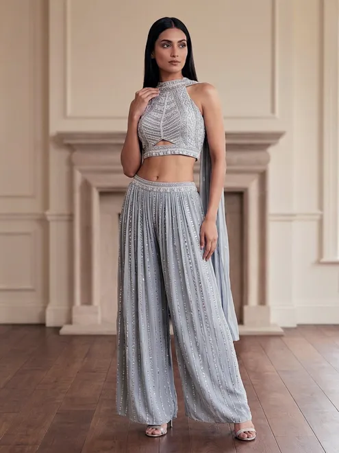 Light grey georgette halter neck sleeveless festive palazzo suit