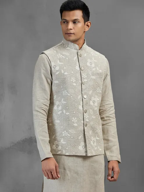 Light grey linen botanical embroidered festive waistcoat set