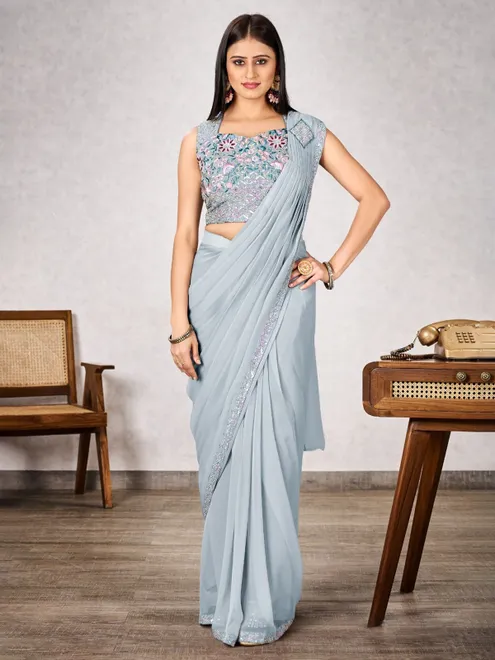 Light grey party wear saree in shimmer georgette