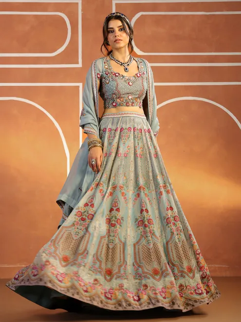 Light Grey printed silk lehenga choli for women