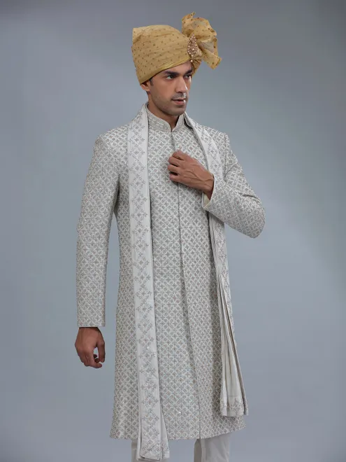Light grey raw silk groom style sherwani for men