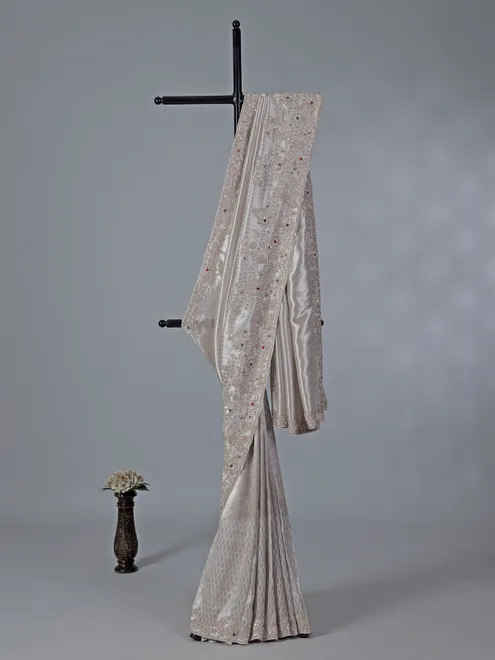 Light grey shimmer dola silk saree for wedding