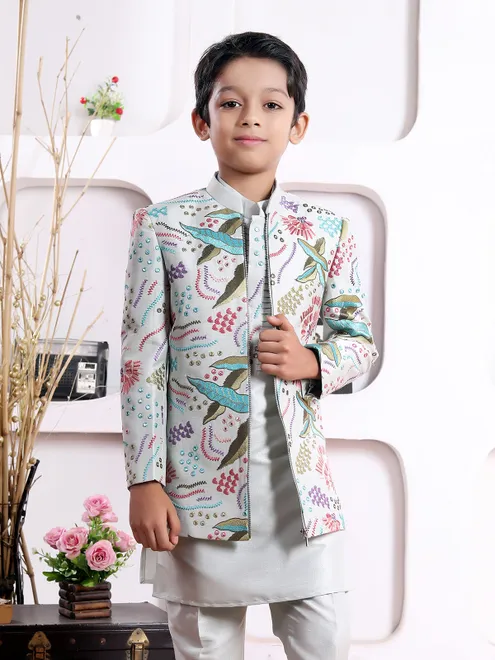 Light grey silk indo western set with aabla work