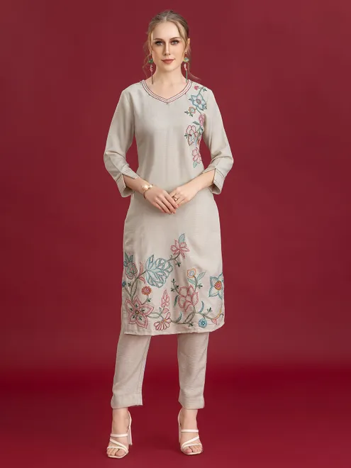 Light grey silk pant set with stone embroidery