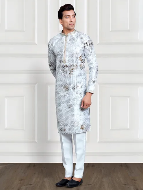 Light grey silk printed  Men Kurta pajama