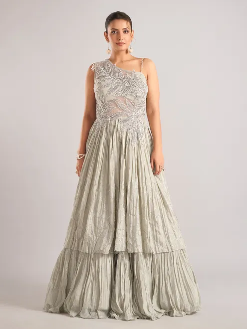 Light grey silk sleeveless designer salwar suit