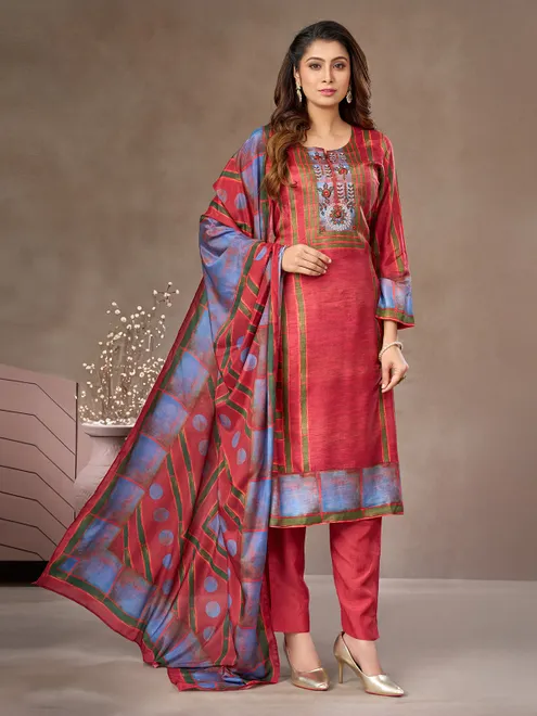 Light maroon silk salwar suit with embroidered accents