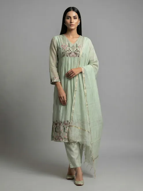 Light mint green chiffon anarkali pant salwar suit
