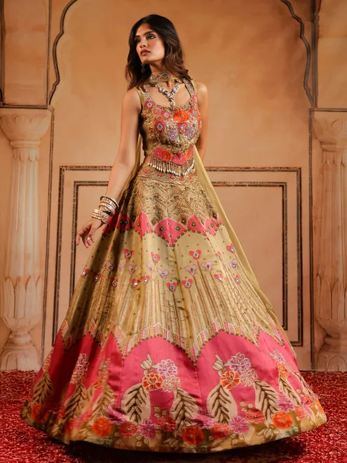Light olive printed silk wedding wear lehenga choli