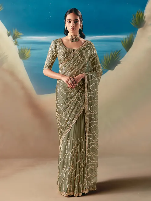 Light olive satin organza designer saree