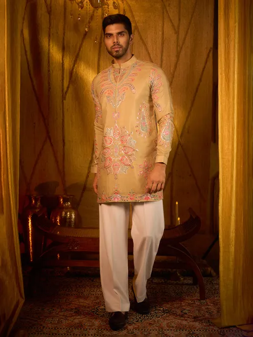 Light olive tissue silk royal ethnic statement wear for mens