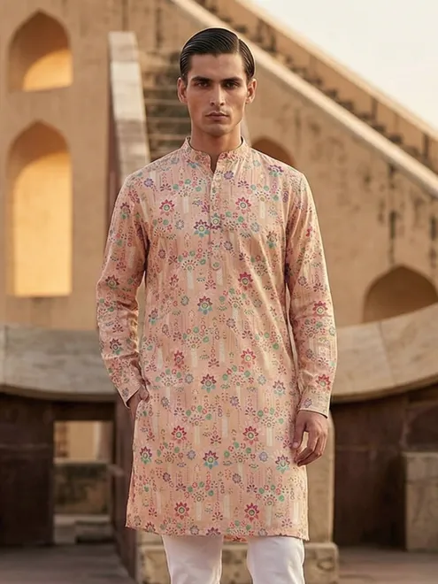 Light peach linen printed thread and sequins festive kurta