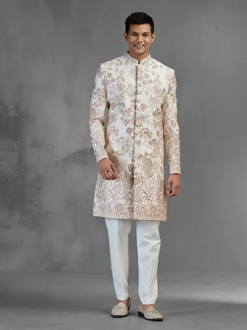 Light peach raw silk sherwani with garden embroidery