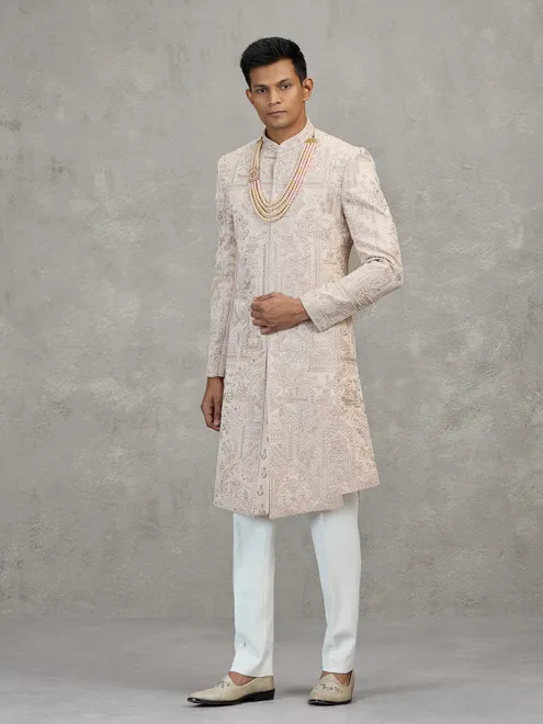 Light peach satin silk sherwani for men wedding wear