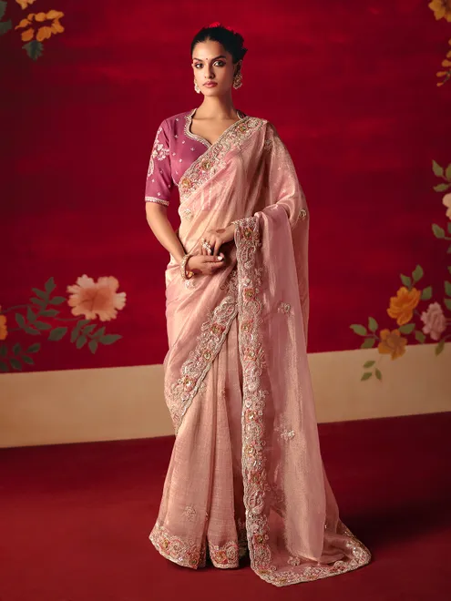 Light peach tissue organza embroidered work saree