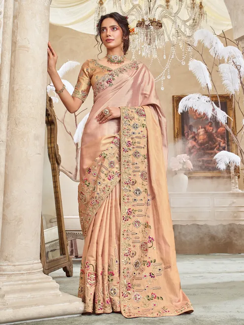 Light peach viscose silk saree for wedding wear