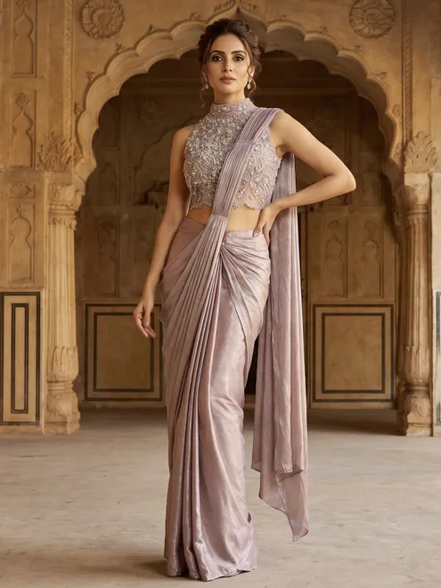 Light pink chiffon ready to wear saree with diamond elegance