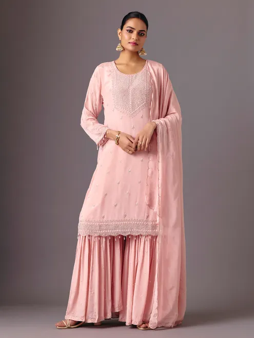 Light pink chinon round neck sharara suit