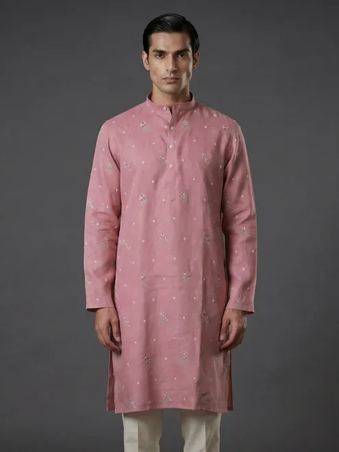 Light pink cotton linen thread work festive kurta