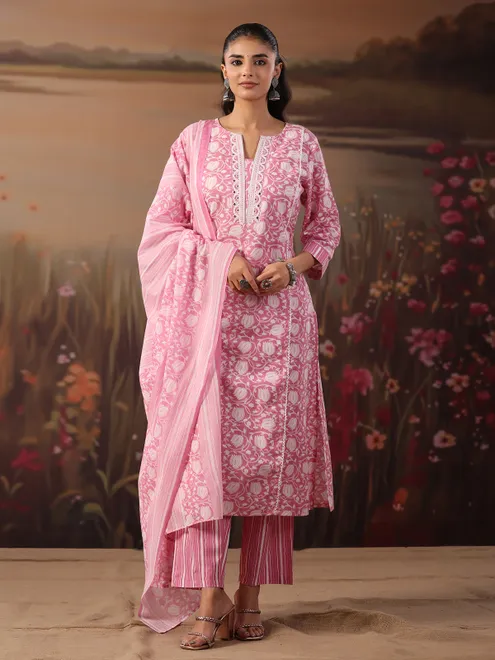 Light pink cotton printed festival wear kurti set with dupatta