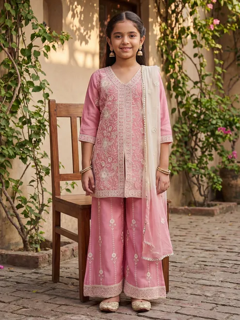Light pink cotton silk palazzo suit with dupatta