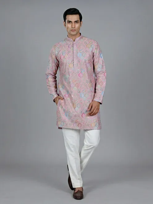 Light pink cotton silk printed kurta suit with resham and sequin work