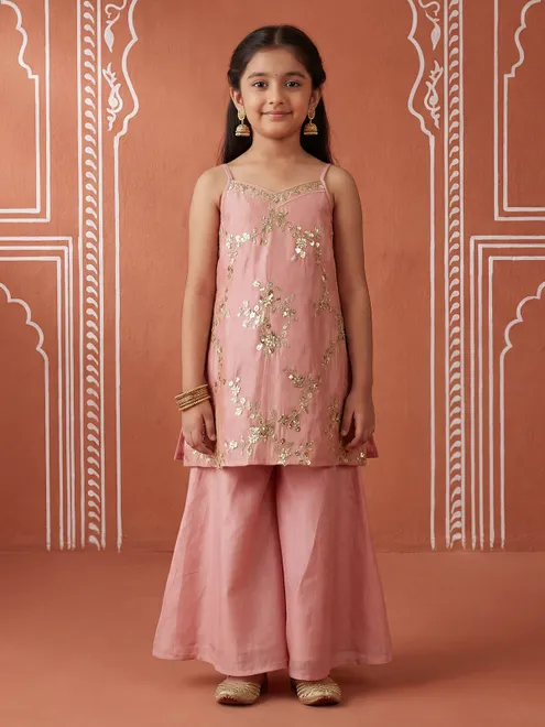 Light pink festive wear tssue silk palazzo suit