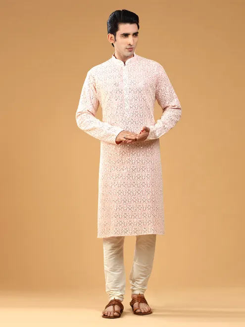 Light pink georgette  Men Kurta pajama for festive