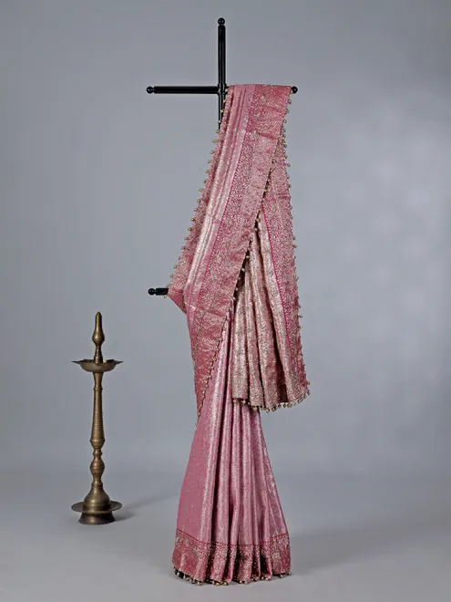 Light pink kanjivaram silk saree cutdana detailing