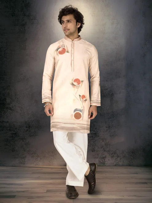 Light pink linen cotton printed festive kurta suit