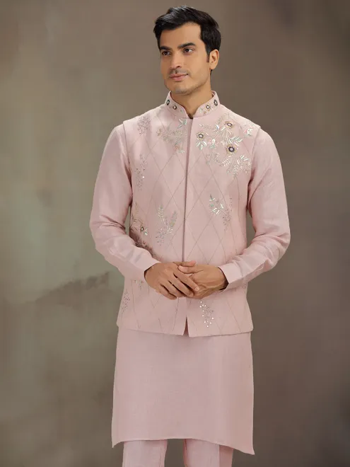 Light pink linen men waistcoat set for wedding celebration