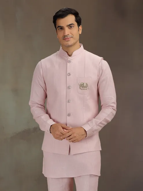 Light pink linen waistcoat set for men