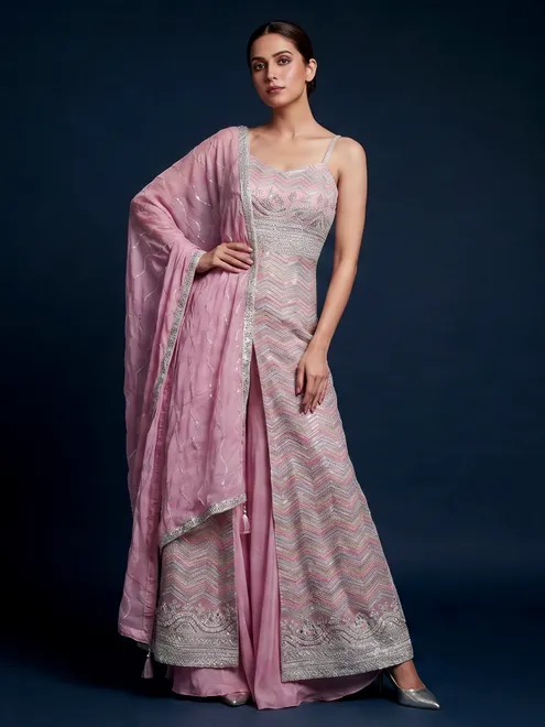 Light pink net anarkali palazzo suit with dupatta