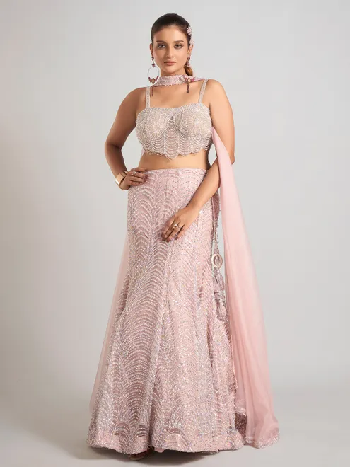 Light pink net sleeveless lehenga choli