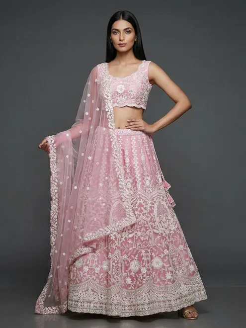 Light pink net sleeveless round neck lehenga choli