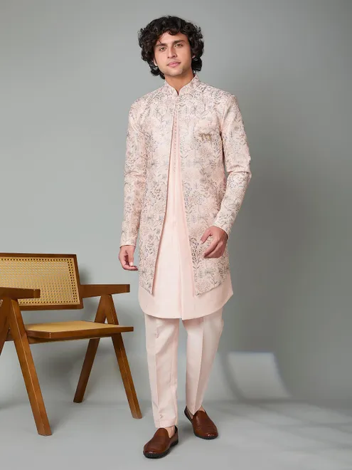 Light pink silk embroidered indowestern pant set
