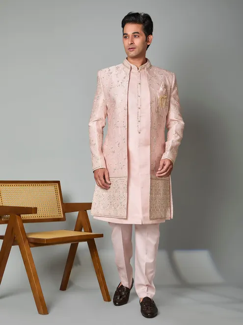 Light pink satin silk embroidered work indowestern set