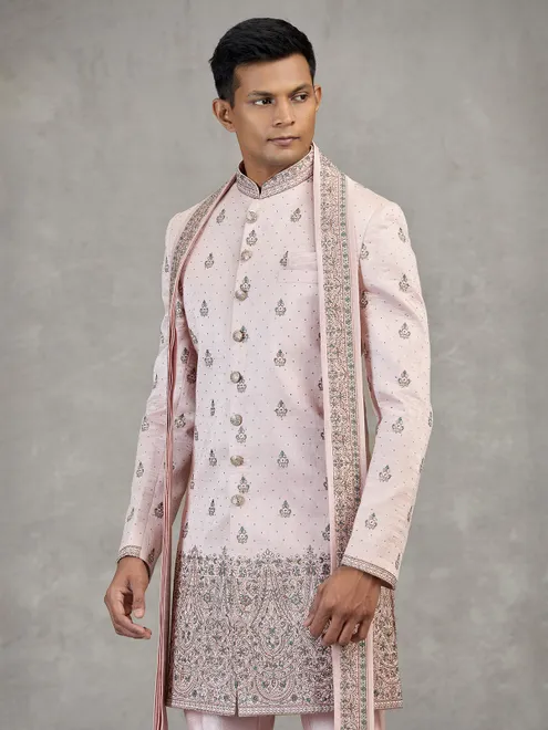 Light pink silk Indowestern set with dupatta