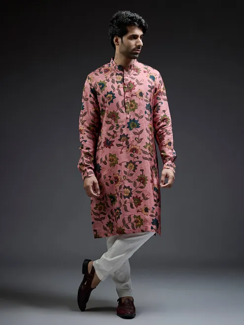 Light pink silk kurta suit in pataudi print for men