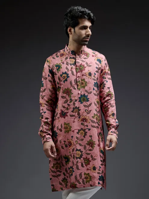 Light pink silk kurta suit in pataudi print for men